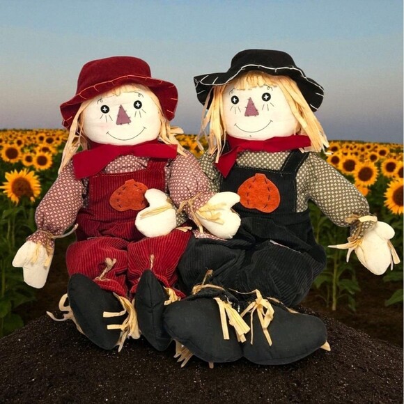 Set of 2 Vintage 21" Scarecrow Dolls Fall Harvest Halloween Porch Decor Cottage - Picture 1 of 4